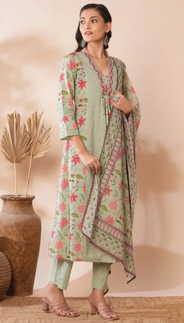 Green Floral Print Ethnic Costume
