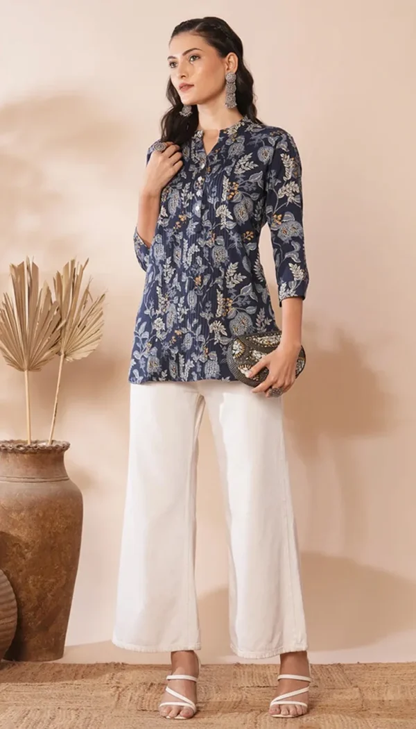 Blue Shirt with Floral Leaf Print